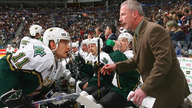 Assistant Coach Mark Lamb of the Dallas Stars talks to Jeff Halpern #11 during a break in NHL game action against the Vancouver Canucks at General Motors Place on April 19, 2007 in Vancouver, British Columbia, Canada. The Stars defeated the Canucks 1-0 in overtime.