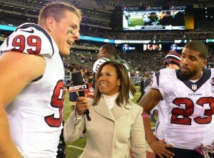 arian foster, lisa salters, and j.j. watt by Kirby Lee-USA TODAY Sports