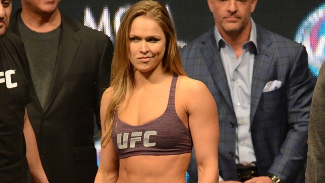 Dec 27, 2013; Las Vegas, NV, USA; Ronda Rousey on stage for the weigh-in for her UFC Women's Bantamweight Title Fight against Misha Tate (not pictured) at MGM Grand Garden Arena. Mandatory Credit: Jayne Kamin-Oncea-USA TODAY Sports