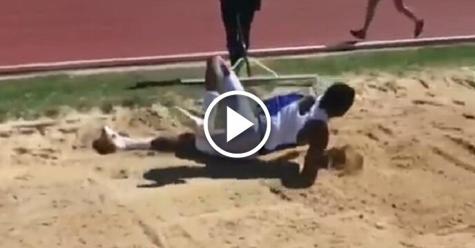 Track Athlete Slips During Long Jump Attempt and Ends Up Face-First in the Sand