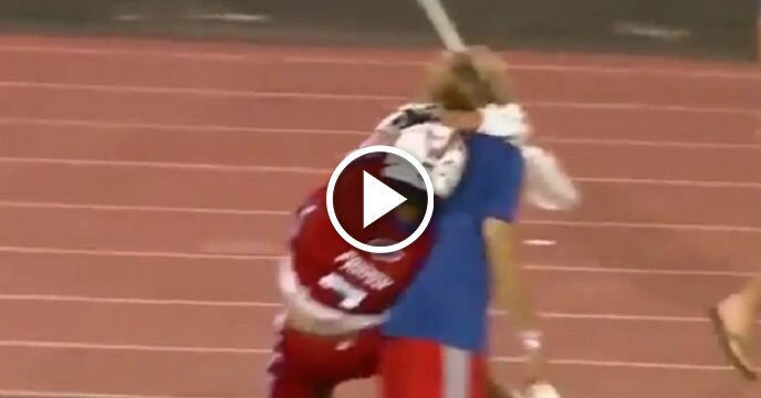 Lacrosse Player Celebrates Goal With RKO Out of Nowhere on Dude Walking Sidelines