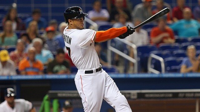 during a game at Marlins Park on April 14, 2014 in Miami, Florida.