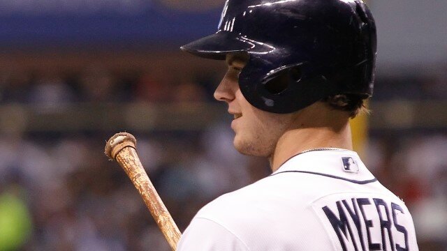 Oct 7, 2013; St. Petersburg, FL, USA; Tampa Bay Rays right fielder Wil Myers (9) at bat against the Boston Red Sox during the first inning of game three of the American League divisional series at Tropicana Field. Mandatory Credit: Kim Klement-USA TODAY Sports