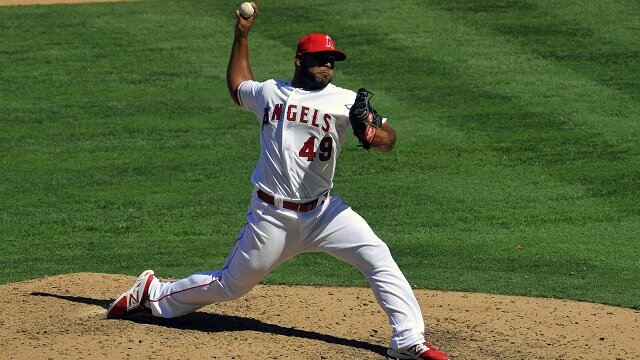 Los Angeles Angels relief pitcher Jairo Diaz (49) pitches the sixth inning against the Houston Astros at Angel Stadium of Anaheim