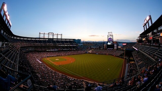 A general view of Coors Field in the third inning of the game between the San Francisco Giants and the Colorado Rockies