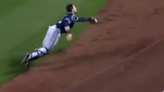 Padres\' Austin Hedges Lays Out in Full Catcher Gear to Make Sensational Grab