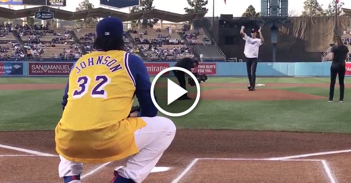 Lakers' Lonzo Ball Throws Out First Pitch At Dodger Stadium