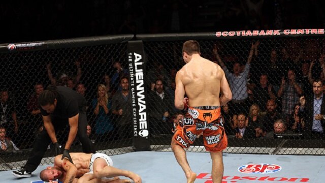 Rory MacDonald reacts after finishing Tarec Saffiedine in UFC Fight Night 54 main event