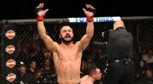 John Makdessi celebrates his first-round stoppage of Shane Campbell at UFC 186 in Montreal