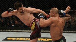 Carlos Condit kicks Thiago Alves during welterweight main event at UFC Fight Night 67 in Brazil