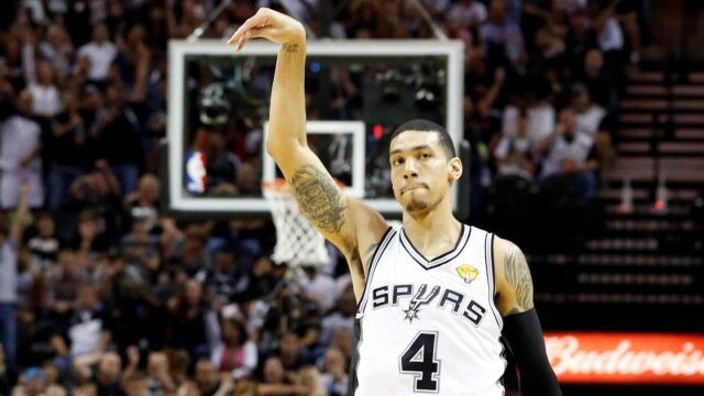 Jun 13, 2013; San Antonio, TX, USA; San Antonio Spurs shooting guard Danny Green (4) gestures after a shot against the Miami Heat during the first quarter of game four of the 2013 NBA Finals at the AT&T Center. Mandatory Credit: Derick E. Hingle-USA TODAY Sports