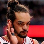 Mar 9, 2014; Chicago, IL, USA; Chicago Bulls center Joakim Noah (13) reacts to a play against the Miami Heat during the second half at the United Center. The Bulls beat the Heat 95-88. Mandatory Credit: Rob Grabowski-USA TODAY Sports