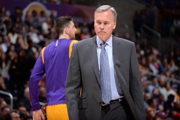 LOS ANGELES, CA - MARCH 21: Head coach Mike D'Antoni of the Los Angeles Lakers looks on during a game against the Washington Wizards at Staples Center on March 21, 2014 in Los Angeles, California. NOTE TO USER: User expressly acknowledges and agrees that, by downloading and/or using this Photograph, user is consenting to the terms and conditions of the Getty Images License Agreement. Mandatory Copyright Notice: Copyright 2014 NBAE (Photo by Andrew D. Bernstein/NBAE via Getty Images)