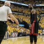 Dwayne Wade argues with the officals during game 2 of the playoffs