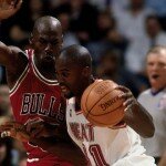 Chicago Bulls v Miami Heat, Glen Rice goes up against Michael Jordan