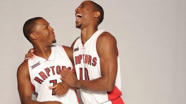 Kyle Lowry #7 and DeMar DeRozan #10 of the Toronto Raptors poes for a photo during Media Day September 29, 2014 at the Air Canada Centre in Toronto, Ontario, Canada. (Photo by Ron Turenne/NBAE via Getty Images)