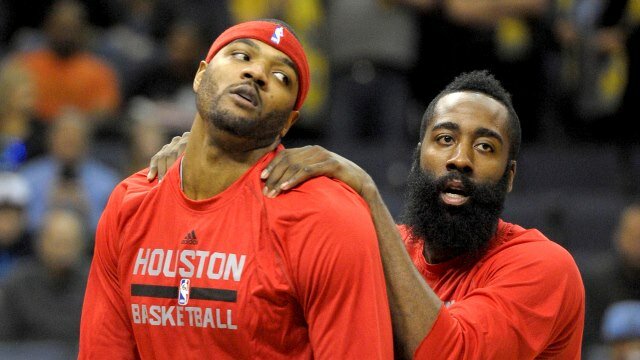 Dec 26, 2014; Memphis, TN, USA; Houston Rockets forward Josh Smith (5) and Houston Rockets guard James Harden (13) before the game against the Memphis Grizzlies at FedExForum. Mandatory Credit: Justin Ford-USA TODAY Sports