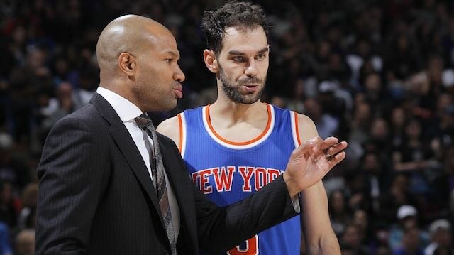 Head Coach Derek Fisher of the New York Knicks coaches Jose Calderon #3 against the Sacramento Kings on December 27, 2014 at Sleep Train Arena in Sacramento, California. (Photo by Rocky Widner/NBAE via Getty Images)
