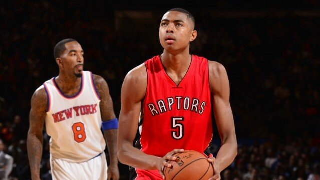NEW YORK, NY - OCTOBER 13: Bruno Caboclo #5 of the Toronto Raptors shoots a free throw against the New York Knicks during a game at Madison Square Garden on October 13, 2014 in New York City, New York. NOTE TO USER: User expressly acknowledges and agrees that, by downloading and or using this photograph, User is consenting to the terms and conditions of the Getty Images License Agreement. Mandatory Copyright Notice: Copyright 2014 NBAE (Photo by David Dow/NBAE via Getty Images)