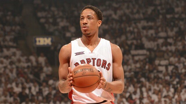TORONTO, CANADA - April 18: DeMar DeRozan #10 of the Toronto Raptors shoots a foul shot against the Washington Wizards during Game One of the Eastern Conference Quarterfinals of the NBA Playoffs on April 18, 2015 at the Air Canada Centre in Toronto, Ontario, Canada. NOTE TO USER: User expressly acknowledges and agrees that, by downloading and or using this Photograph, user is consenting to the terms and conditions of the Getty Images License Agreement. Mandatory Copyright Notice: Copyright 2015 NBAE (Photo by Ron Turenne/NBAE via Getty Images)