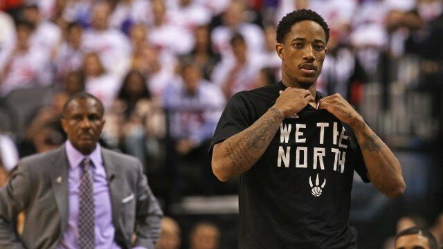 TORONTO,ON - APRIL 21: DeMar DeRozan #10 of the Toronto Raptors during the game against the Washington Wizards during Game Two of the Eastern Conference Quarterfinals of the 2015 NBA Playoffs at the Air Canada Centre on April 21, 2015 in Toronto, Ontario, Canada. NOTE TO USER: User expressly acknowledges and agrees that, by downloading and/or using this photograph, user is consenting to the terms and conditions of the Getty Images License Agreement. Mandatory Copyright Notice: Copyright 2015 NBAE (Photo by Dave Sandford/NBAE via Getty Images)