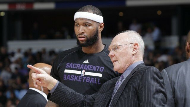 SACRAMENTO, CA - MARCH 16: Head coach George Karl of the Sacramento Kings coaches DeMarcus Cousins #15 against the Atlanta Hawks on March 16, 2015 at Sleep Train Arena in Sacramento, California. NOTE TO USER: User expressly acknowledges and agrees that, by downloading and or using this photograph, User is consenting to the terms and conditions of the Getty Images Agreement. Mandatory Copyright Notice: Copyright 2015 NBAE (Photo by Rocky Widner/NBAE via Getty Images)