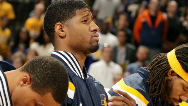 Paul George and the Pacers team during the national anthem