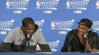Watch Russell Westbrook Laugh Off Question About Stephen Curry's Defense