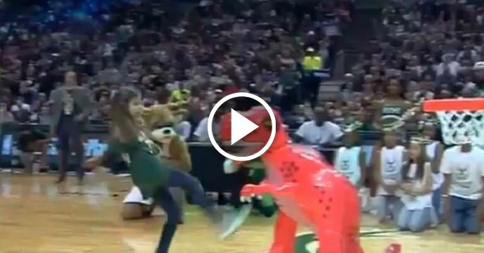 Milwaukee Bucks Bring Out Little Girl Who Kicks a Blow-Up Raptor in the Face Before Dunking