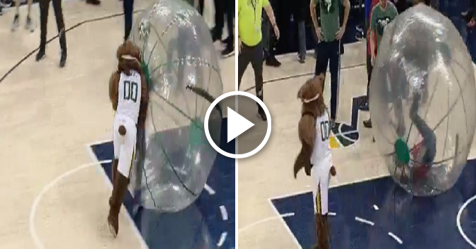 Jazz Mascot Hilariously Levels Clippers Fan Who Knocked Over Youngster In Bubble Race