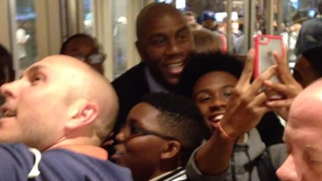 Magic Johnson Poses for Selfies with Dozens of Fans at New York Hotel