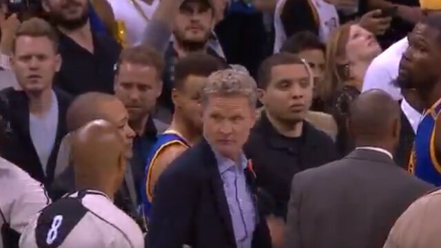 Warriors Head Coach Steve Kerr Flinches as if He Thought Referee Was Going to Hit Him
