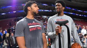 Jahlil Okafor and Joel Embiid talking before a game