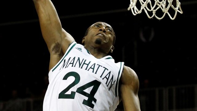 NEW YORK, NY - DECEMBER 21: George Beamon #24 of the Manhattan Jaspers slam dunks the ball against the Buffalo Bulls during the Brooklyn Hoops Holiday Invitational at Barclays Center on December 21, 2013 in the Brooklyn borough of New York City. (Photo by Adam Hunger/Getty Images)
