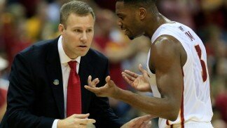 KANSAS CITY, MO - MARCH 15: Head coach Fred Hoiberg speaks with Melvin Ejim #3 of the Iowa State Cyclones during the 2014 Big 12 Men's Championship against the Baylor Bears at the Sprint Center on March 15, 2014 in Kansas City, Missouri. (Photo by Jamie Squire/Getty Images)