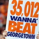 Feb 23, 2013; Syracuse, NY, USA; Syracuse Orange fan holds a sign during the second half against the Georgetown Hoyas at the Carrier Dome. Georgetown defeated Syracuse 57-46. Mandatory Credit: Rich Barnes-USA TODAY Sports