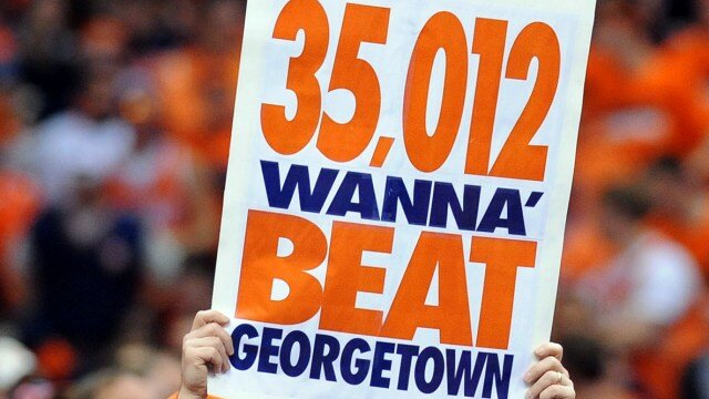 Feb 23, 2013; Syracuse, NY, USA; Syracuse Orange fan holds a sign during the second half against the Georgetown Hoyas at the Carrier Dome. Georgetown defeated Syracuse 57-46. Mandatory Credit: Rich Barnes-USA TODAY Sports