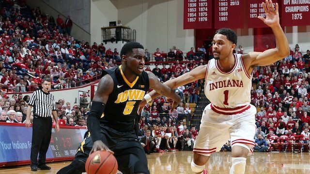 Indiana Hoosiers guard James Blackmon defense Iowa Hawkeyes mens basketball