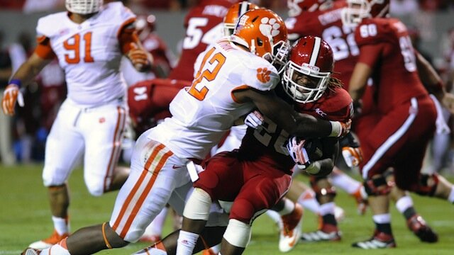 Clemson safety Korrin Wiggins takes down NC State running back Tony Creecy