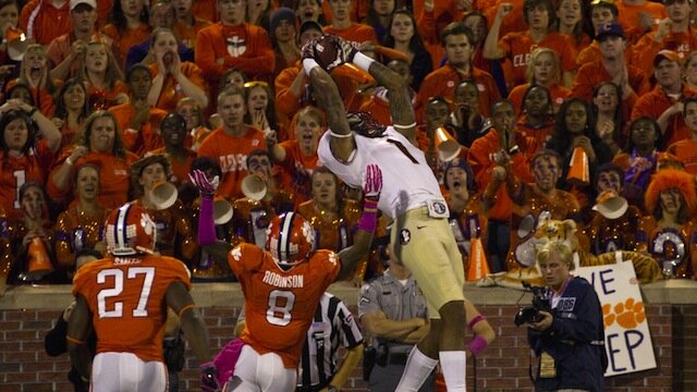 Florida State receiver Kelvin Benjamin does his best Calvin Johnson impersonation with his athletic passing touchdown over Clemson defensive back Darius Robinson.