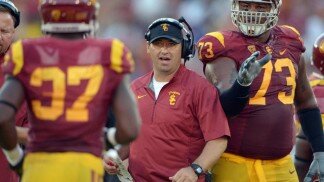 Aug 30, 2014; Los Angeles, CA, USA; Southern California Trojans coach Steve Sarkisian reacts in the third quarter against the Fresno State Bulldogs at Los Angeles Memorial Coliseum. USC defeated Fresno State 52-13. Mandatory Credit: Kirby Lee-USA TODAY Sports