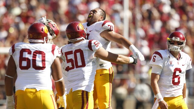 Sep 6, 2014; Stanford, CA, USA; USC Trojans fullback Soma Vainuku (31) reacts after the Trojans recovered a fumble against the Stanford Cardinal in the fourth quarter at Stanford Stadium. The Trojans defeated the Cardinal 13-10. Mandatory Credit: Cary Edmondson-USA TODAY Sports