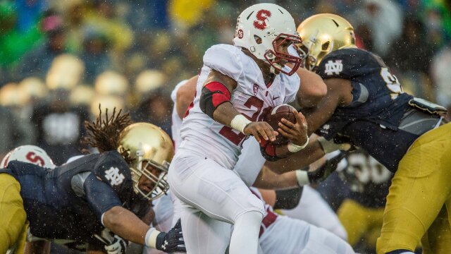 Oct 4, 2014; South Bend, IN, USA; Stanford Cardinal running back Barry Sanders (26) carries the ball in the second quarter against the Notre Dame Fighting Irish at Notre Dame Stadium. Mandatory Credit: Matt Cashore-USA TODAY Sports