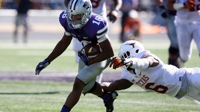 Kansas State Wildcats wide receiver Tyler Lockett (16) runs by Texas Longhorns cornerback Quandre Diggs (6) during the Wildcats' 23-0 win at Bill Snyder Family Stadium. 