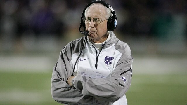 Kansas State Wildcats head coach Bill Snyder looks on during a 45-13 win against the Texas Tech Red Raiders at Bill Snyder Family Stadium. 