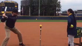Jim Harbaugh Dabs After Clobbering Softball Home Run Off Tee In His Signature Khakis