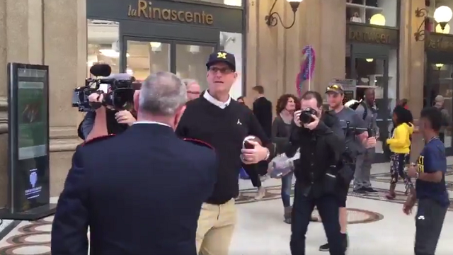 Michigan\'s Jim Harbaugh Kicked Out Of Mall In Italy For Playing Catch