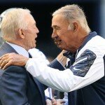 Dallas Cowboys defensive coordinator Monte Kiffin talks with owner Jerry Jones