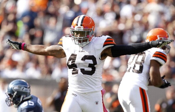 CLEVELAND, OH - OCTOBER 23: Defensive back T.J. Ward #43 of the Cleveland Browns celebrates after an interception against the Seattle Seahawks at Cleveland Browns Stadium on October 23, 2011 in Cleveland, Ohio. (Photo by Matt Sullivan/Getty Images)