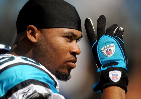 CHARLOTTE, NC - SEPTEMBER 28: Wide receiver Steve Smith #89 of the Carolina Panthers waves to some fans in the crowd before the game against the Atlanta Falcons at Bank of America Stadium on September 28, 2008 in Charlotte, North Carolina. The Carolina Panthers won the game 24-9. (Photo by Steve Dykes/Getty Images)